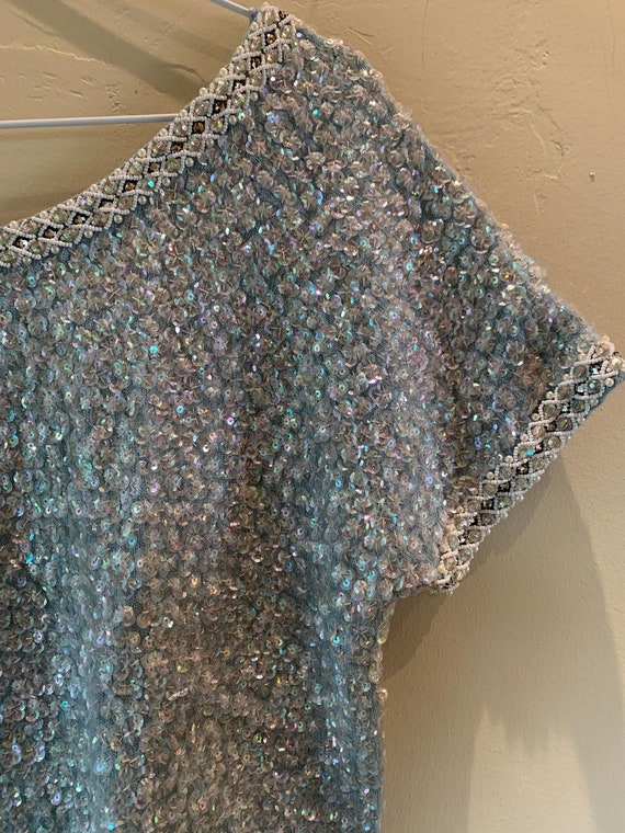 1960s Beaded Sequin Cropped Top Light Blue - image 3