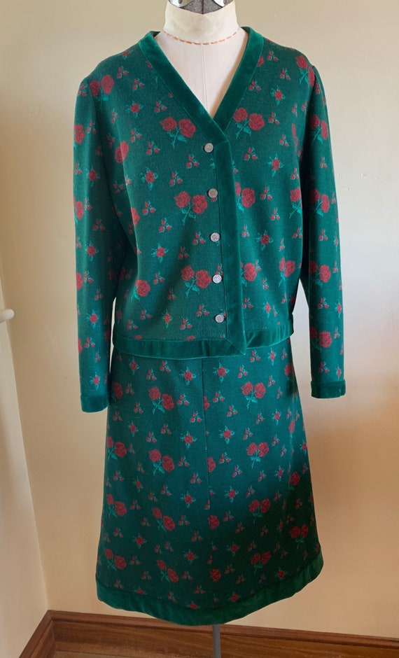 1970s Suit Wool and Velvet Suit. Skirt Jacket Gree