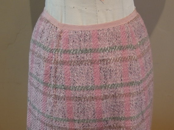 Wool Plaid Pink Gray Plaid A Line Skirt 1970s