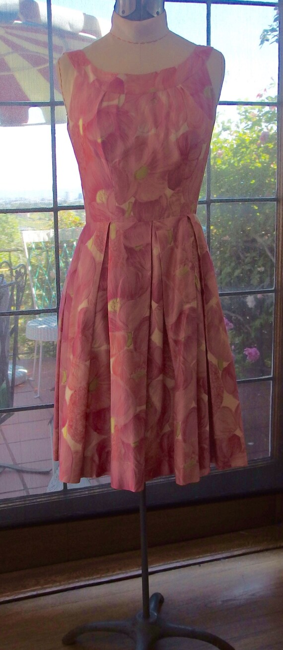 large sleeveless summer dress 1960s pink floral belted day dress