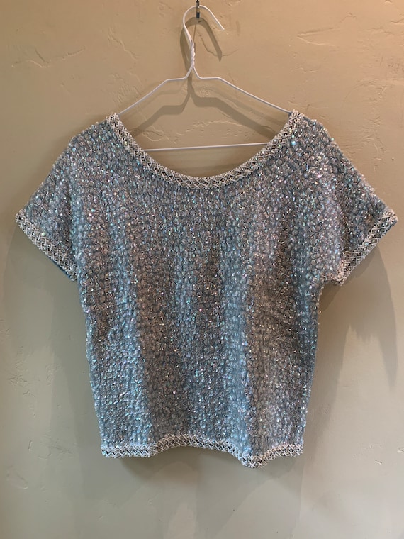 1960s Beaded Sequin Cropped Top Light Blue - image 2