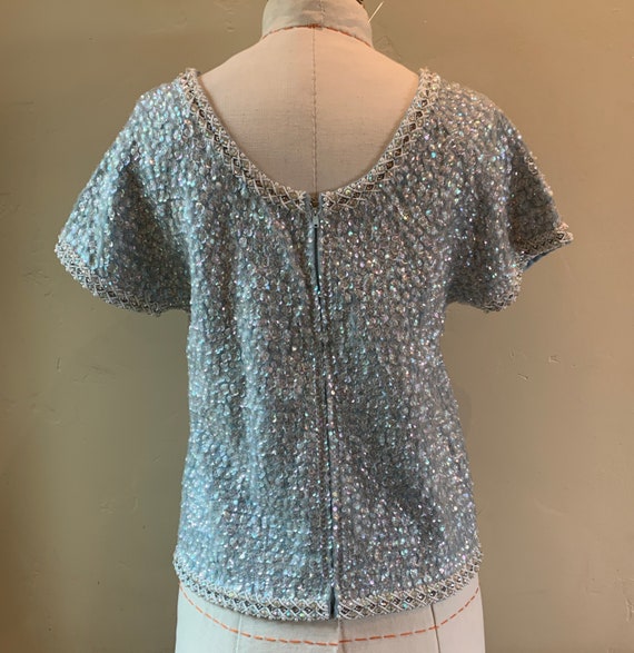 1960s Beaded Sequin Cropped Top Light Blue - image 5