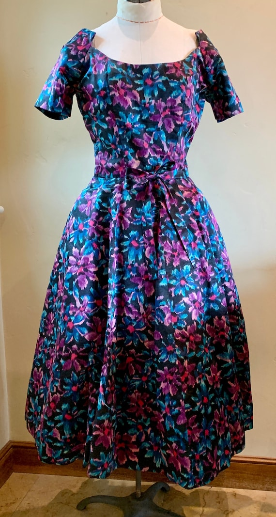 1950s Vintage Cocktail Dress Blue Magenta Floral P