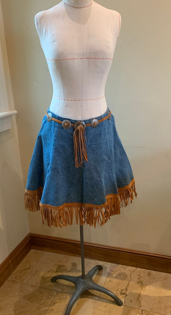 Fit and Flare Denim Western Style Mini Skirt Leat… - image 1
