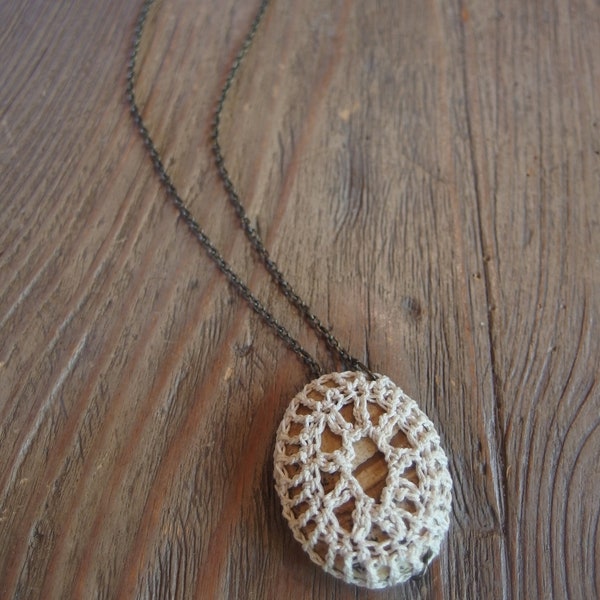 Ivory Crochet Lace Stone Necklace, River Rock Pendant Jewelry, Boho Chic