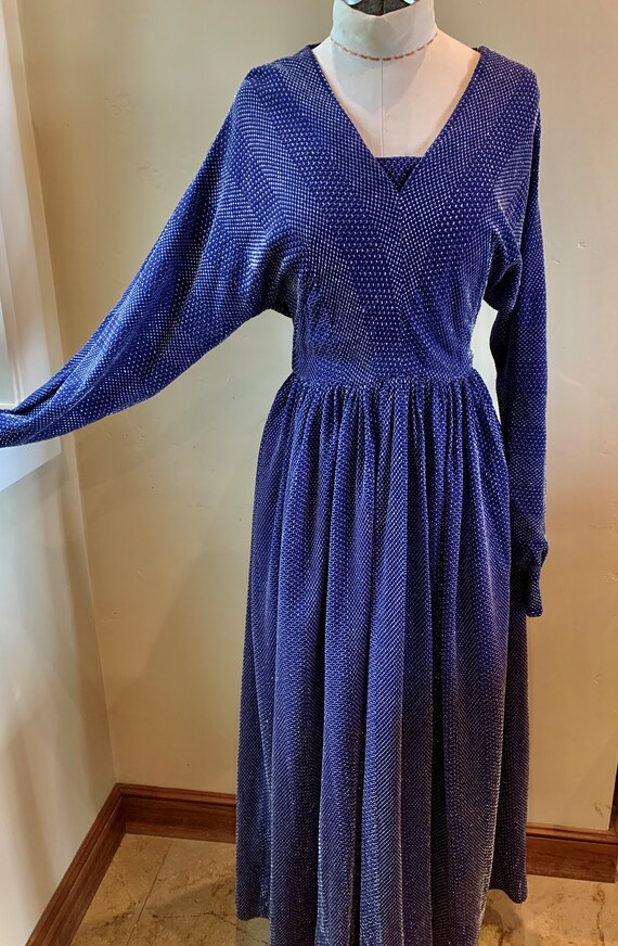 Metallic Silver Blue Micro Velvet Satin Silk Cocktail Gown With Floral Motifs main image 0