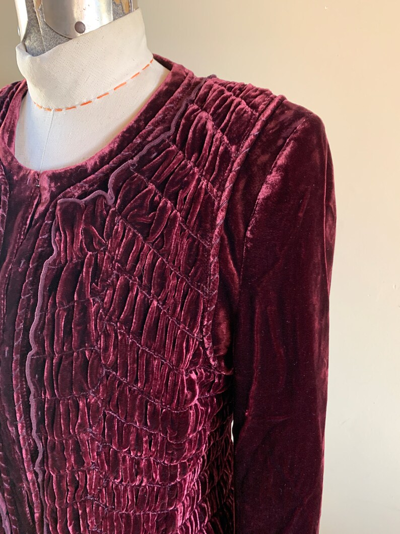 Red Burgundy Velvet Smocked Front Zip Jacket Top ELIE TAHARI Vintage Etsy