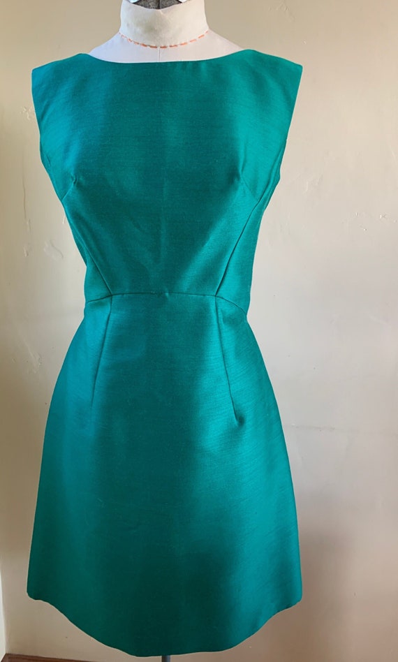 Green Silk Shantung 1960s Cocktail Shift Dress
