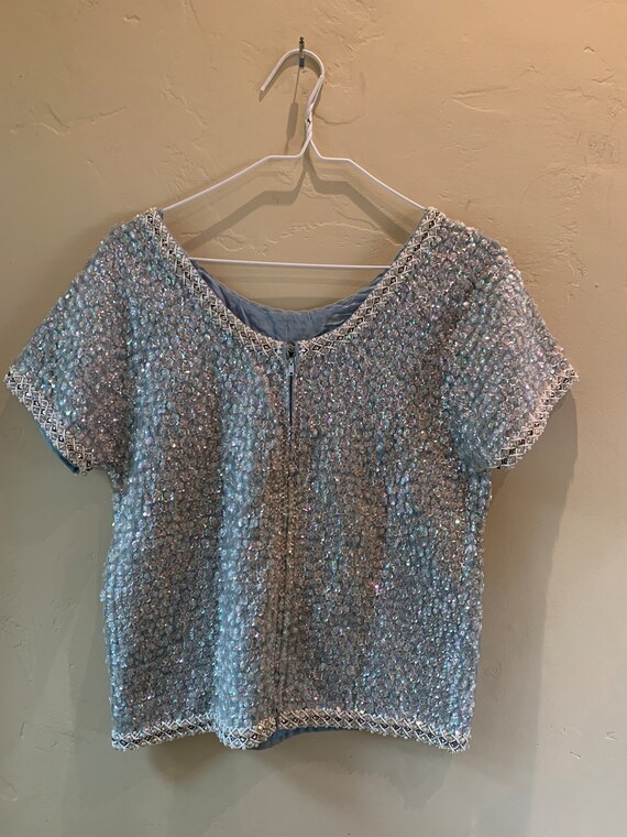1960s Beaded Sequin Cropped Top Light Blue - image 4