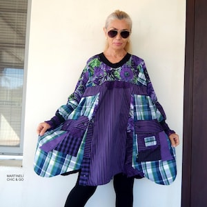 Plus Size Upcycled Baumwolle Tunika Kleid: Boho Floral Patchwork Shirtkleid