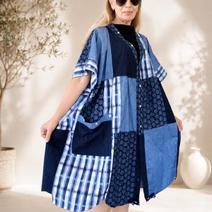 Plus Size Cotton Kaftan Dress,Floral Patchwork Shirt Dress, Boho Beach Cover-Up