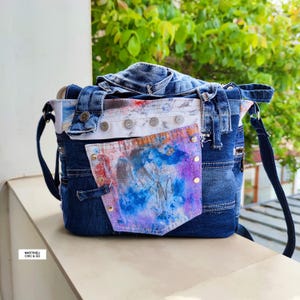 Borsa a tracolla in denim patchwork, borsa a tracolla in jeans effetto usurato