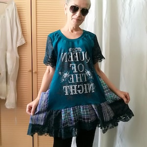 Upcycled Patchwork Tunic Dress: Boho Cotton T-Shirt Top, Lace Details
