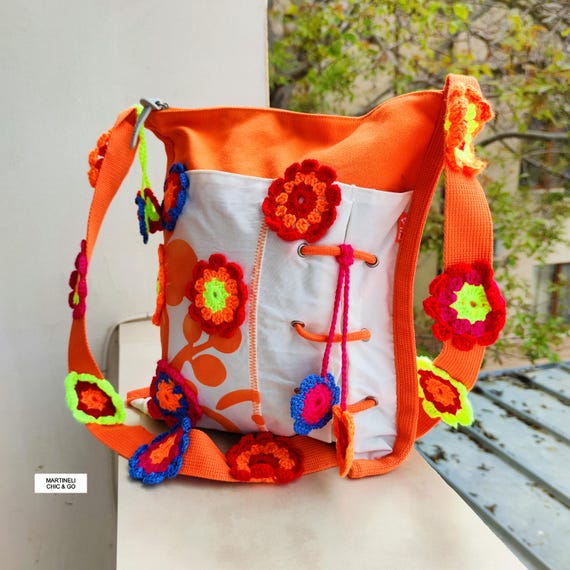 Boho Floral Embroidered Shoulder Bag, Waterproof Canvas Shopper Purse,Colorful Boho Crochet Crossbody