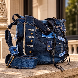May include: A dark blue denim shoulder bag featuring frayed edges, gold-tone metal rivets, and decorative stitching. The bag includes an adjustable wide denim strap with a gold-tone buckle, multiple patch pockets, and thin black leather cord accents.