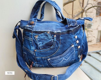 【DISCERNMENT】Patching denim shoulder bag Patched Shopper Bag, Upcycled Denim Bag, Upcycled Denim