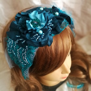 Turquoise Velvet Floral Headband: Boho Beaded Lace Sash Belt