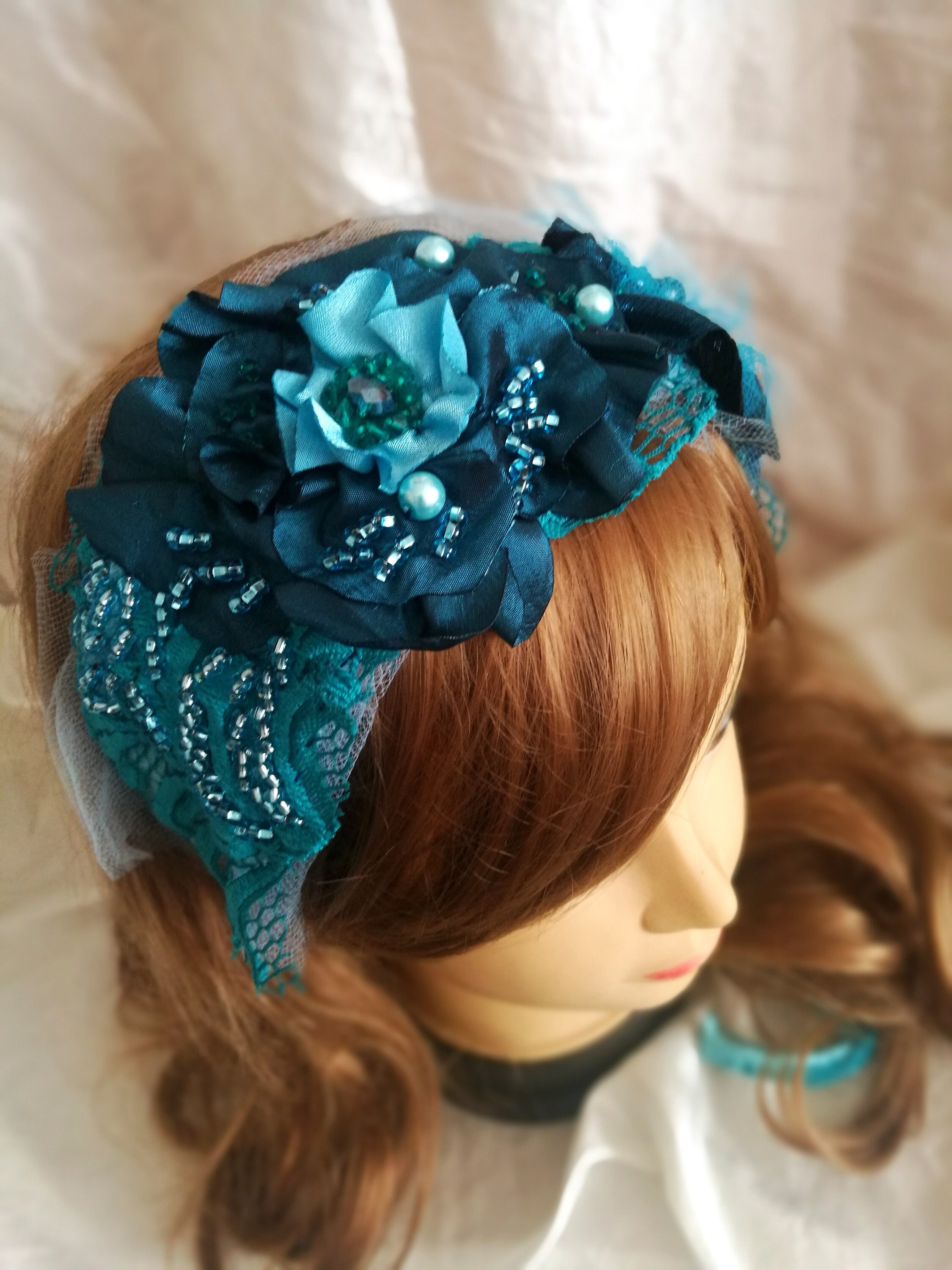 Black Beaded Flower Headband w Turquoise and Beige Beaded Band Turquoise Beaded Headband | Native Hair Accessory for Women  main image 3