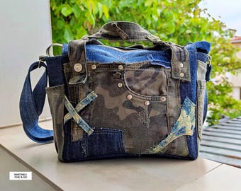 Camouflage Denim Umhängetasche: Distressed Jeans Patchwork, Boho Festival Geldbörse