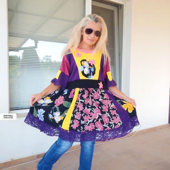 Plus Size Boho Patchwork Tunic Dress: Floral Print, Handmade 2XL