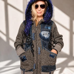 Chaqueta vaquera con capucha y patchwork, sudadera con capucha de punto de lana bordada L/XL, cárdigan gris