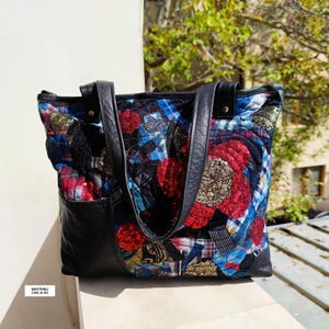 Patchwork Denim & Leather Tote Bag, Floral Rustic Shoulder Bag