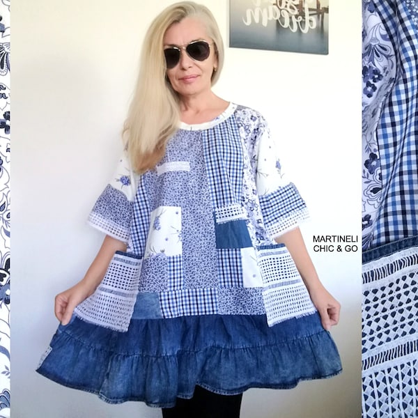 Plus Size Floral Kleid 3X Upcycled Maxi Denim Kleid für Frauen Locker Baumwolle Shirtkleid Oversized Sommer Kleid Boho Festival Kleid Blau Tunika