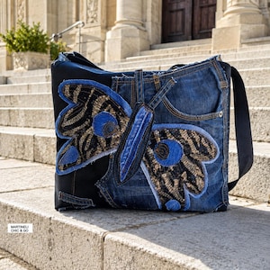 Patchwork Denim Shoulder Bag, Butterfly Jeans Crossbody Purse, Black Canvas Travel Bag