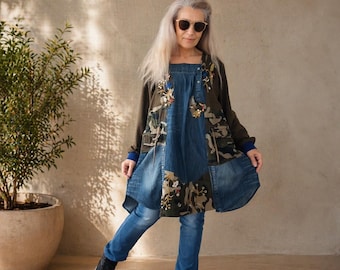 Plus Size Camouflage Shirt Dress, XL/2XL Loose Denim Tunic,Boho Fall Embroidered Dress
