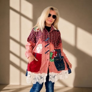 Boho Embroidered Red Plaid Cotton Tunic Dress, XL Patchwork Denim Jacket