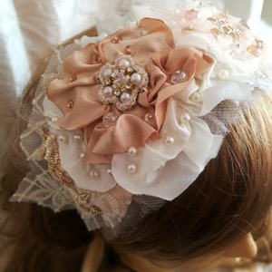 Boho Wedding Headband: Champagne Gold Pearls, Floral Sash Belt