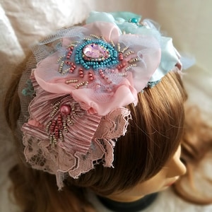 Pink Lace Headband Boho Headband for Women Shabby Chic Embroidered Headpiece Bohemian Sash Belt Art Deco Velvet Choker Artsy Floral Headband