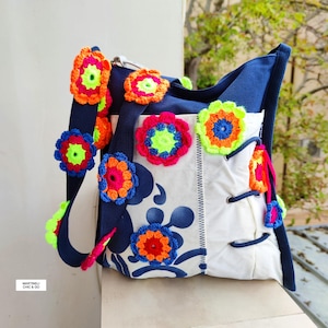 Bestickte Blumen Canvas Crossbody Bag, Blau Boho Fila Schulter Geldbörse Bild 1