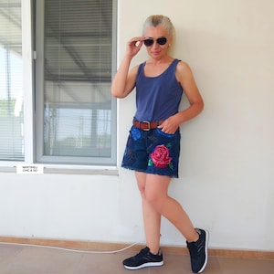 Embroidered Upcycled Denim Shorts: Floral Patchwork Jeans, M/L