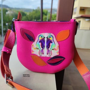 Pink Leather Shoulder Bag Cute Mini Leather Cross Body Bag Colorful Bag for Women Birds Lovers Gift Patchwork Leather Bag Artsy Handmade Bag