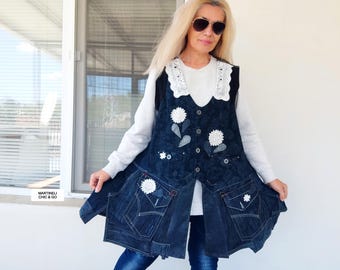 Chaleco vaquero con patchwork floral de talla grande: chaqueta vaquera con adornos bohemios chic