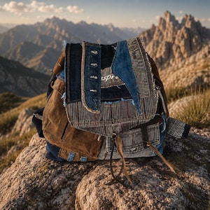 Könnte beinhalten: Ein Patchwork-Rucksack aus verschiedenen Stoffbahnen, darunter brauner Canvas, blauer Denim mit sichtbaren Knopfleisten-Details und ein grauer karierter Stoff. Die Tasche verfügt über einen Klappverschluss mit dünnen, lederartigen Bändern.