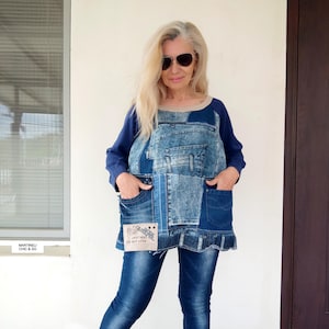 Long Sleeves Denim Top XL Upcycled Patchwork Denim Top For Women Distressed Denim T-Shirt Ripped Denim Ladies Top Boho T-Shirt Top Loose Top