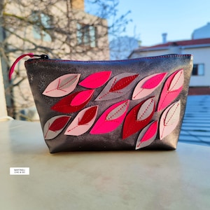 Luxury Italian Leather Makeup Bag: Gray & Colorful Cosmetic Pouch