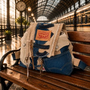 Blue Denim Patchwork Backpack,Beige Unisex Travel Rucksack,Handcrafted Distressed Jean Bag
