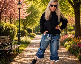 Jeans Capri estivi patchwork, mutandine boho in pizzo taglia L, pantaloni in denim larghi e comodi