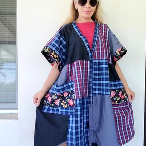 Plus Size Patchwork Kaftan Dress, Upcycled Boho Kimono Jacket