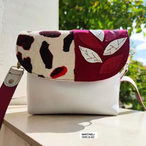 White Leather Mini Crossbody Bag: Italian Leather Shoulder Purse with Animal Print