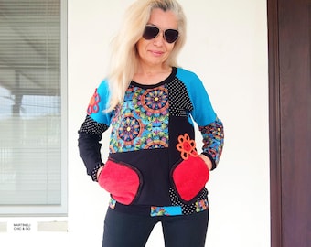 Sudadera floral para mujer, top de algodón de manga larga estilo boho talla S/M, blusa colorida y artística con estampado mandala.