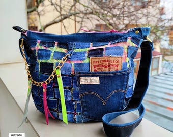 Patchwork Denim Umhängetasche, Boho Chic Bunte Crossbody Geldbörse