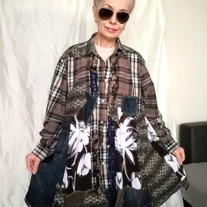 Plus Size Denim Patchwork Duster Dress, 2XL Boho Floral Embroidered Tunic