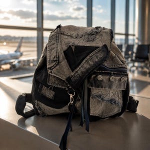 Grauer Denim Patchwork Rucksack, Unisex Reiserucksack, handgefertigte Distressed Jeanstasche