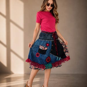 Floral Summer Denim Skirt, L Size Embroidered Patchwork Boho Midi Skirt