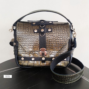 Khaki Green Leather Shoulder Bag Gothic Style Cross Body Bag Studded Leather Bag Artsy Animal Print Luxury Bag Women Biker Style Rock Style