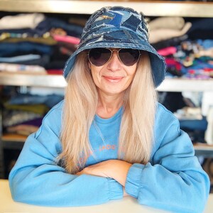 Unisex Patchwork Denim Bucket Hat 2XL, Blue  Ripped Jean Hat for Men and Women